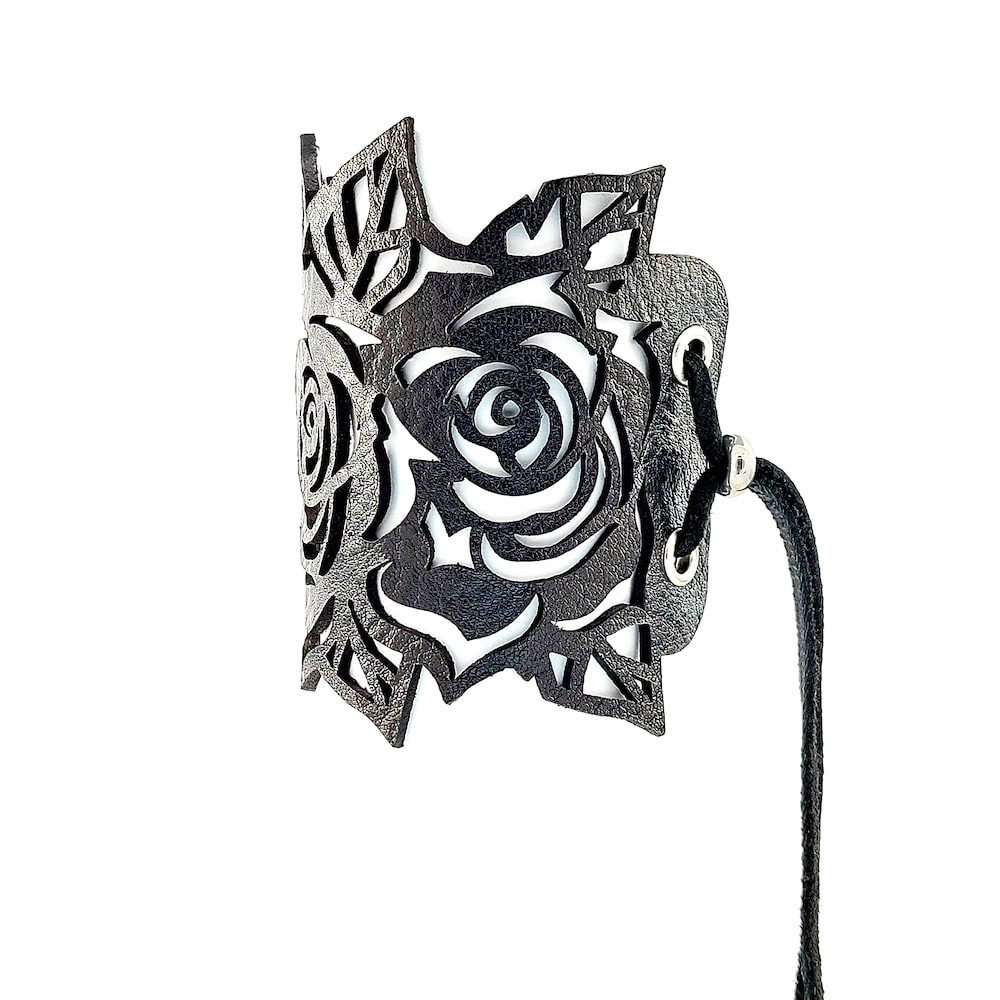 Adjustable rose leather cuff bracelet black 6